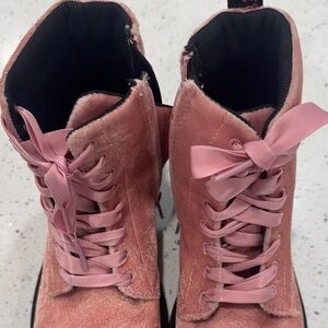 Dr. Martens Pink Velvet Kids Lace Up Boots